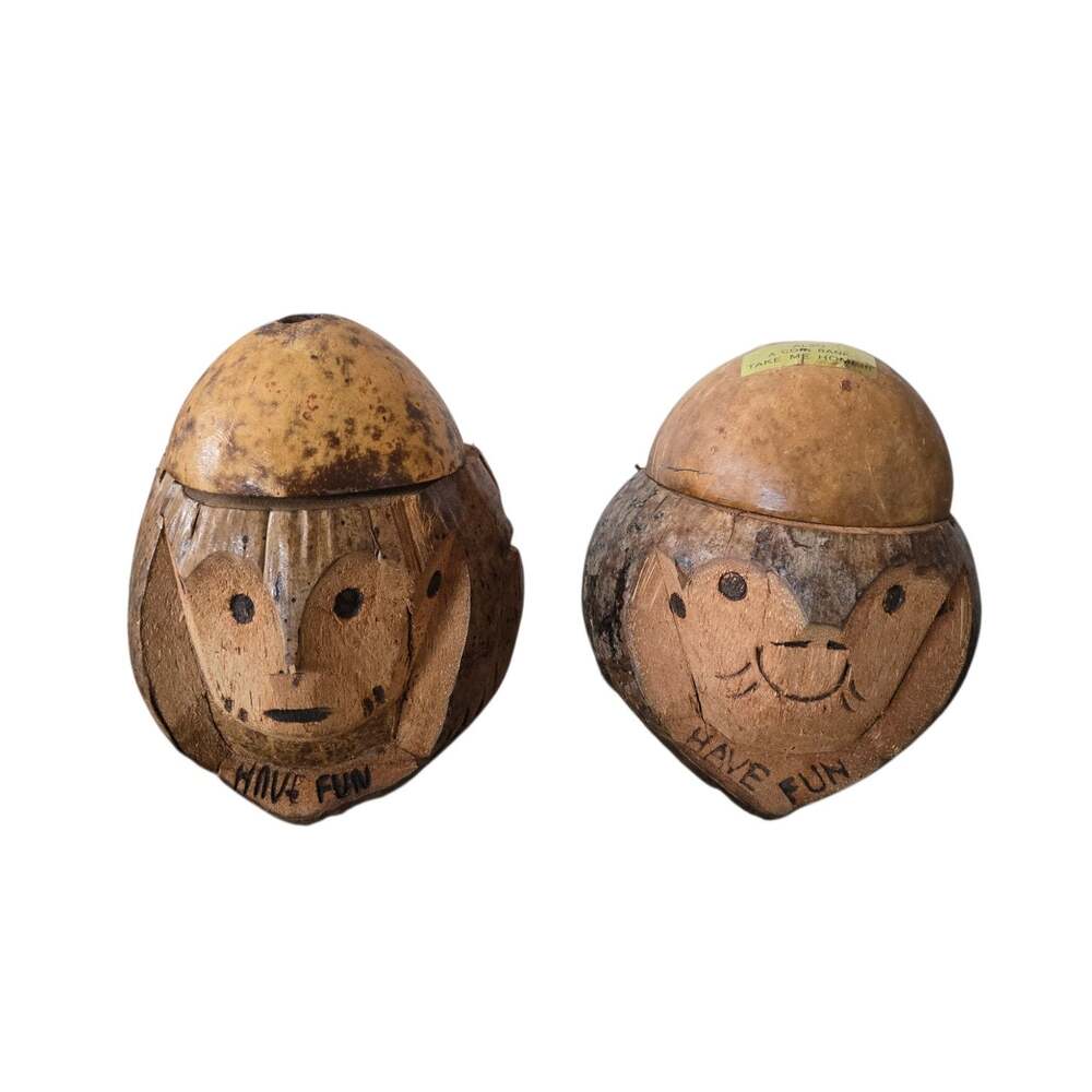 Set of 2 Vintage Coconut Heads Bank Decor See Description